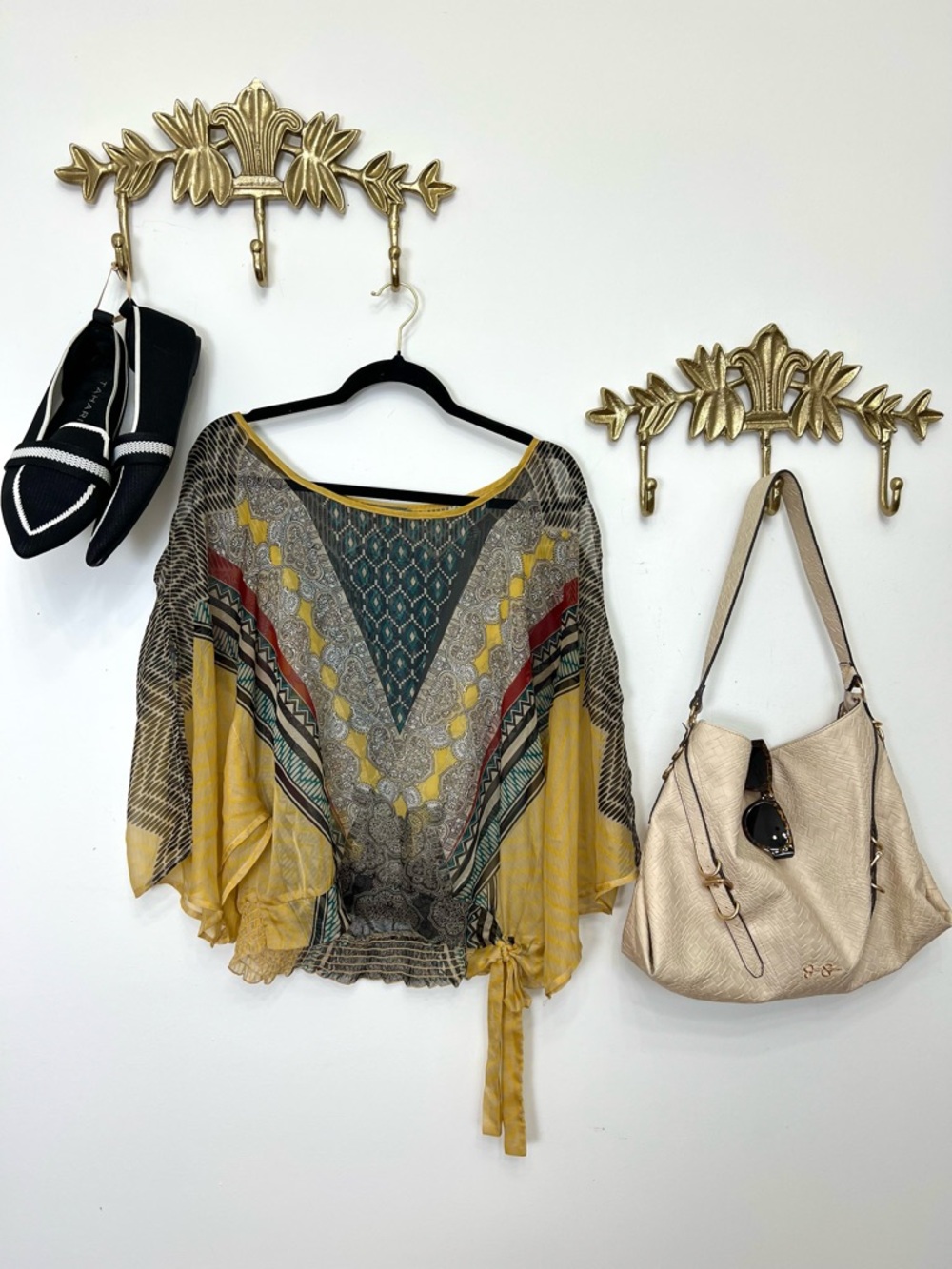 Boho Print Tie-Waist Sheer Blouse - Yellow